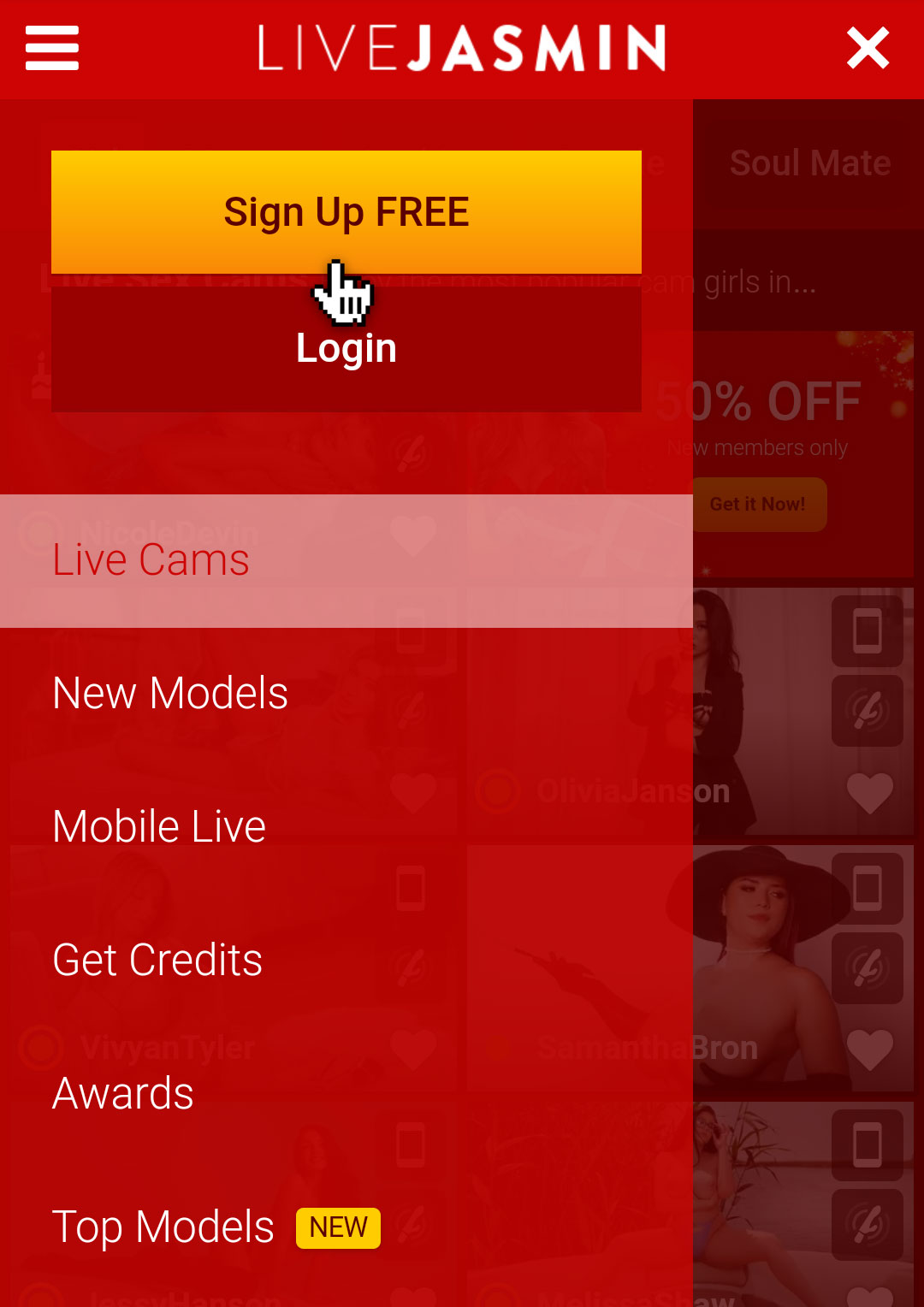 LiveJasmin mobile signup